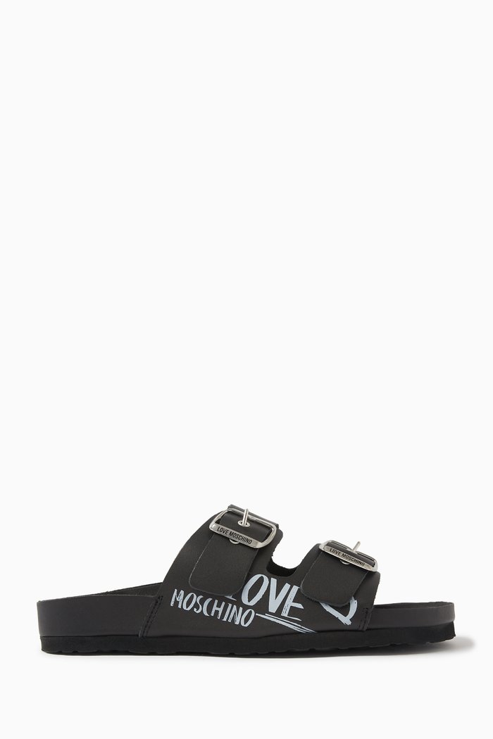 Logo-print Slide Sandals in Leather & Rubber, Black