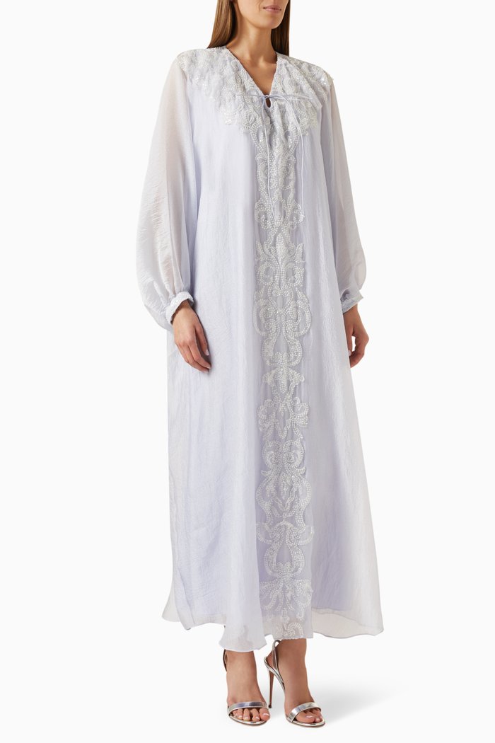 

Beaded Lace V-Neck Kaftan in Glittered Organza, Purple