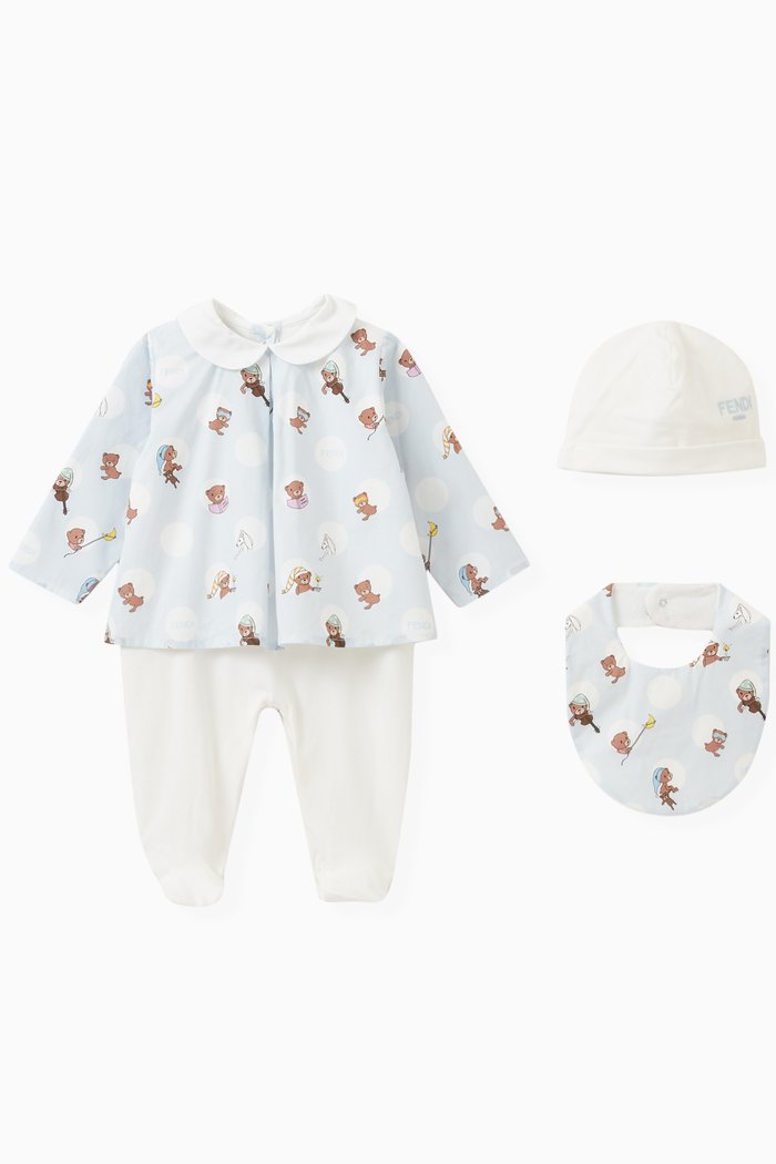 

Teddy-print Sleepsuit, Bib & Hat Set in Cotton, Multicolour