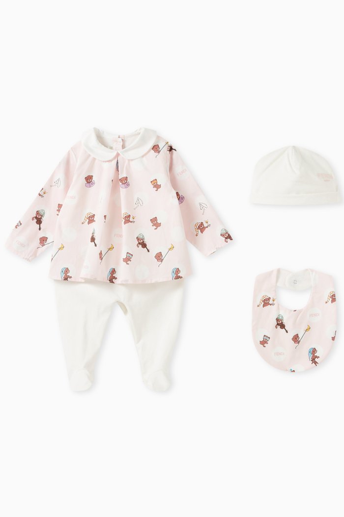 

Teddy-print Sleepsuit, Bib & Hat Set in Cotton, Pink