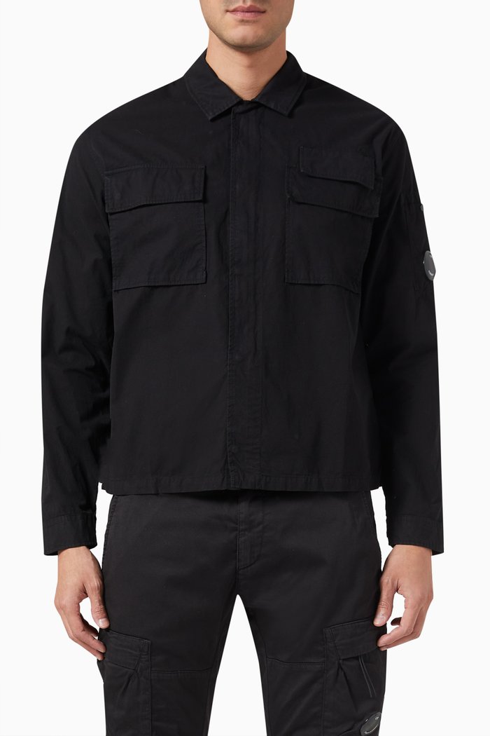 Buttoned Pocket Shirt in Cotton Gabardine, Black