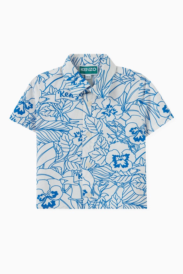 Floral Print Shirt in Cotton Poplin, White