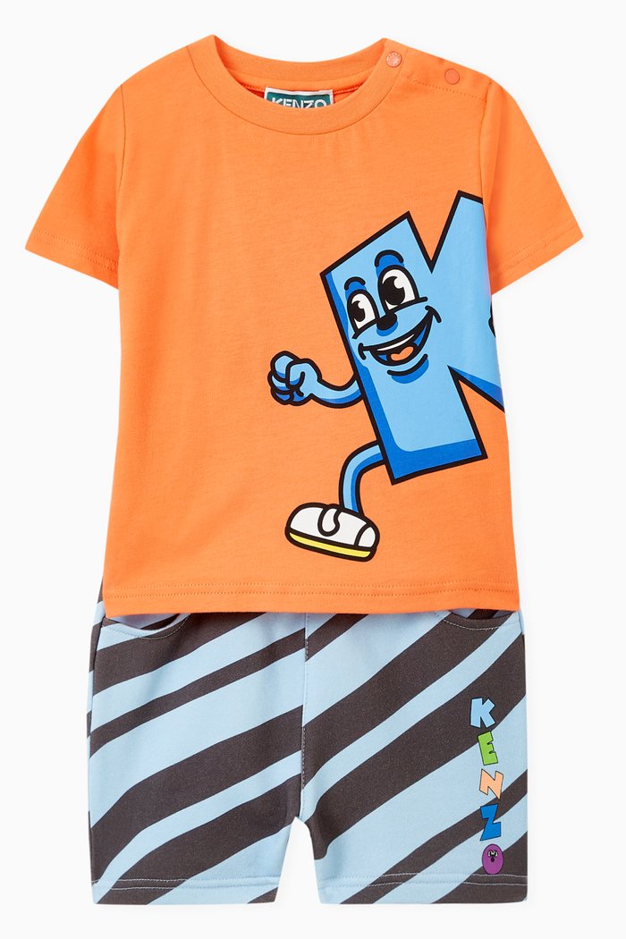 

Cartoon-print T-shirt and Shorts Set in Cotton, Blue