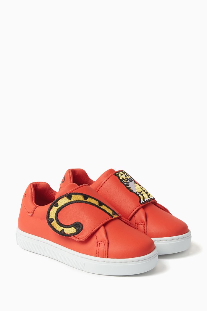 

Tiger and Tail Print Sneakers in Leather, Red