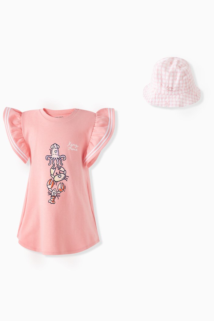 

Logo Dress & Sun Hat Gift Set in Cotton Blend, Pink