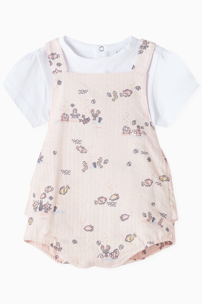Graphic T-shirt & Dungarees Gift Set in Cotton & Seersucker, Pink