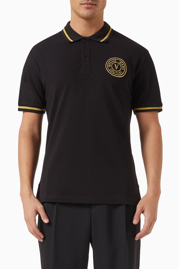 

V-Emblem Logo Polo Shirt in Cotton Piqué, Black