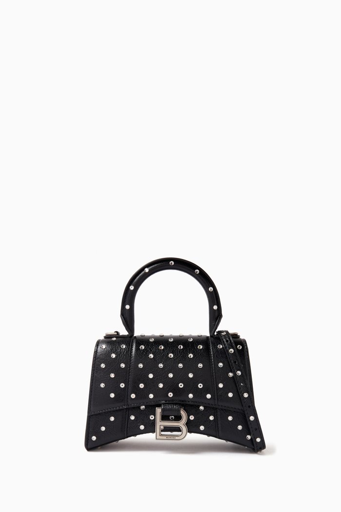 

XS Hourglass Embellished Top-handle Bag in Arena Lambskin, Black