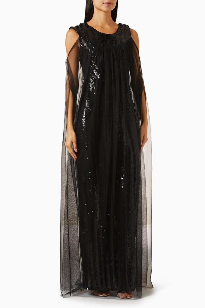 

Cape-style Sleeves Maxi Dress in Sequin, Black
