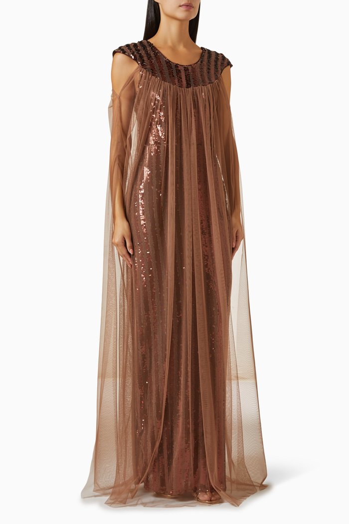 

Cape-style Sleeves Maxi Dress in Sequin, Brown