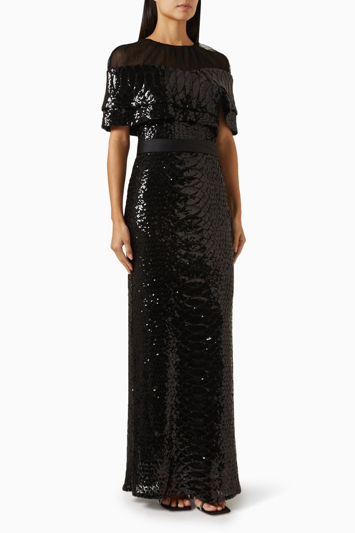

Cape-style Sleeve Maxi Dress in Sequin, Black