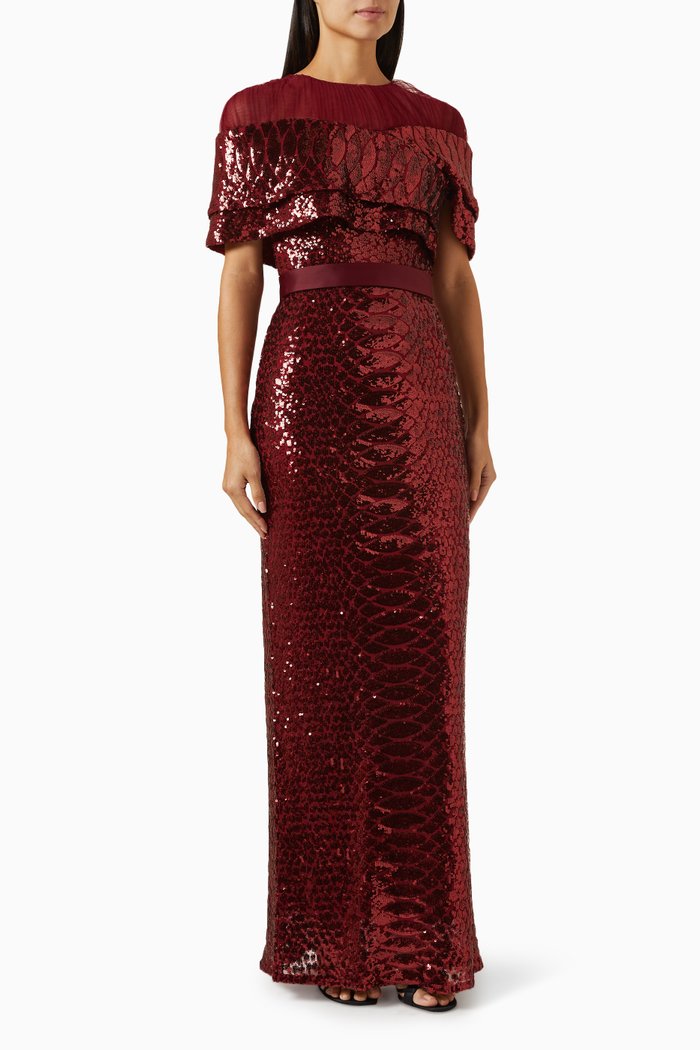 

Cape-style Sleeve Maxi Dress in Sequin, Red