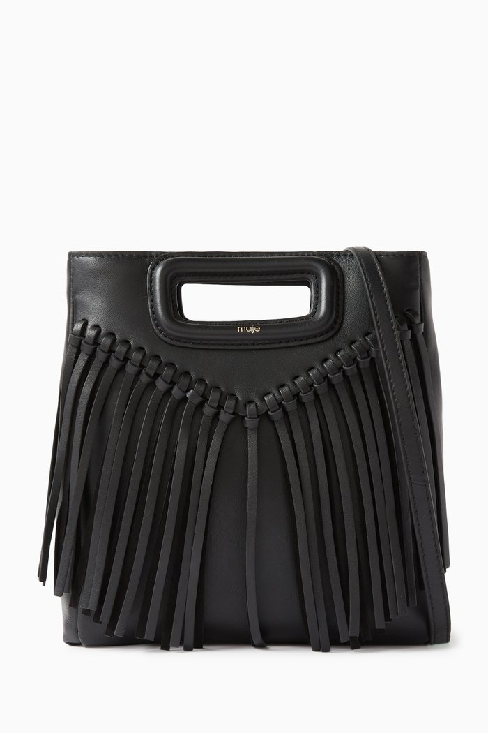 

Fringed M Crossbody Bag in Leather, Black