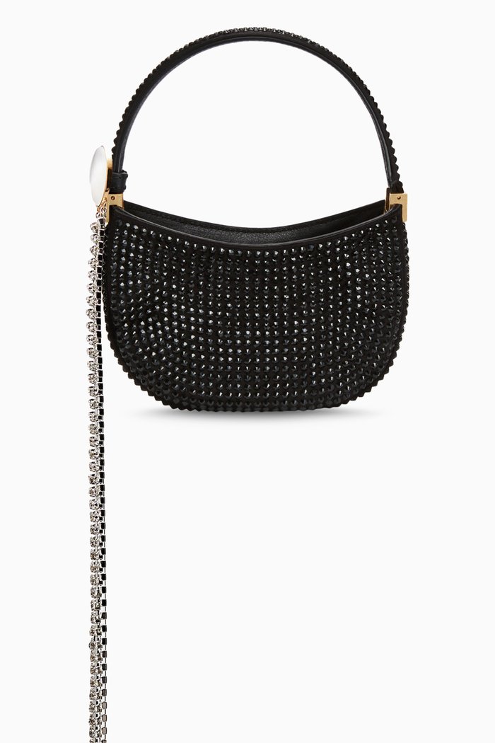 Micro Vesna Crystal-embellished Shoulder Bag in Satin & Calf Leather, Black