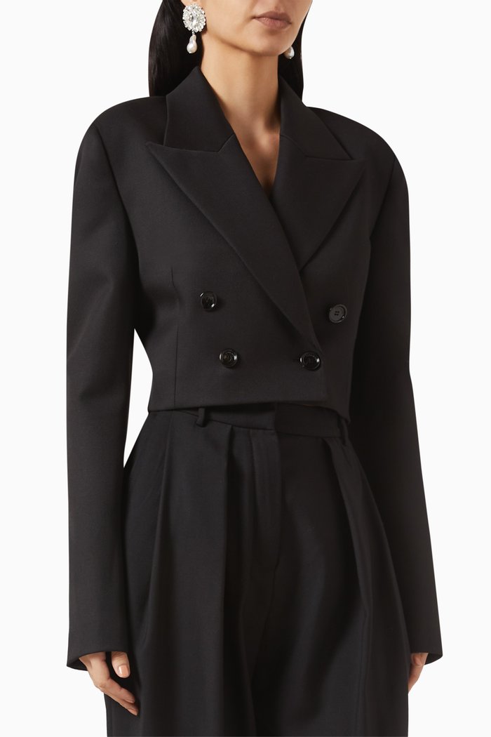 

Double-breasted Crop Blazer in Wool, Black
