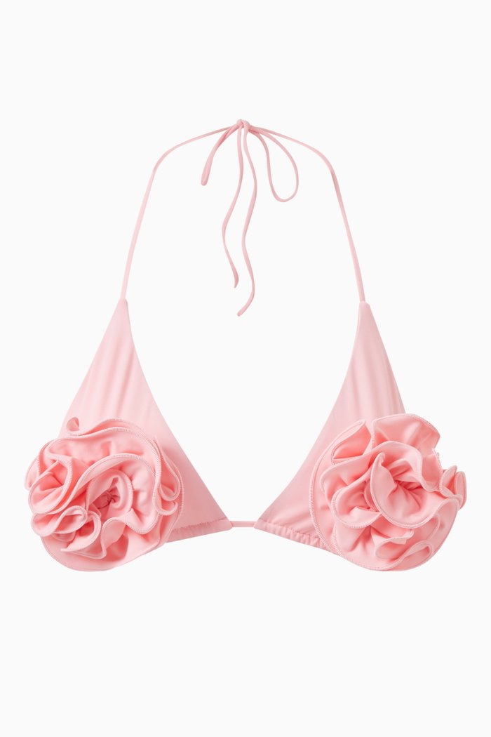 Floral Strappy Triangular Bikini Bra in Nylon, Pink