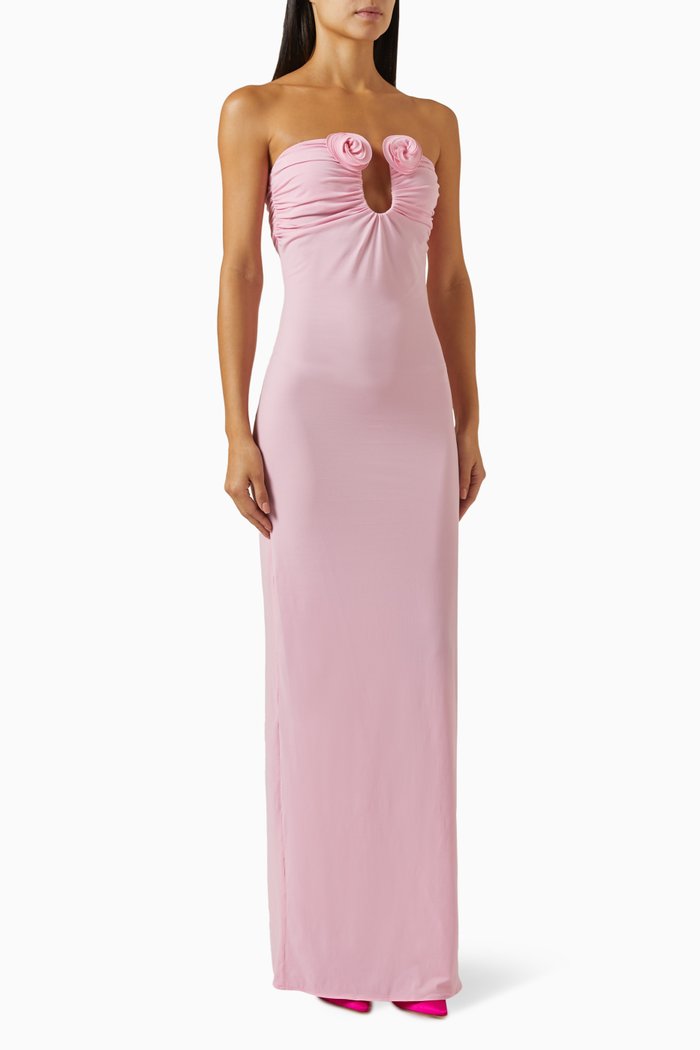 

Strapless Flower Appliqué Maxi Dress in Stretch-nylon, Pink