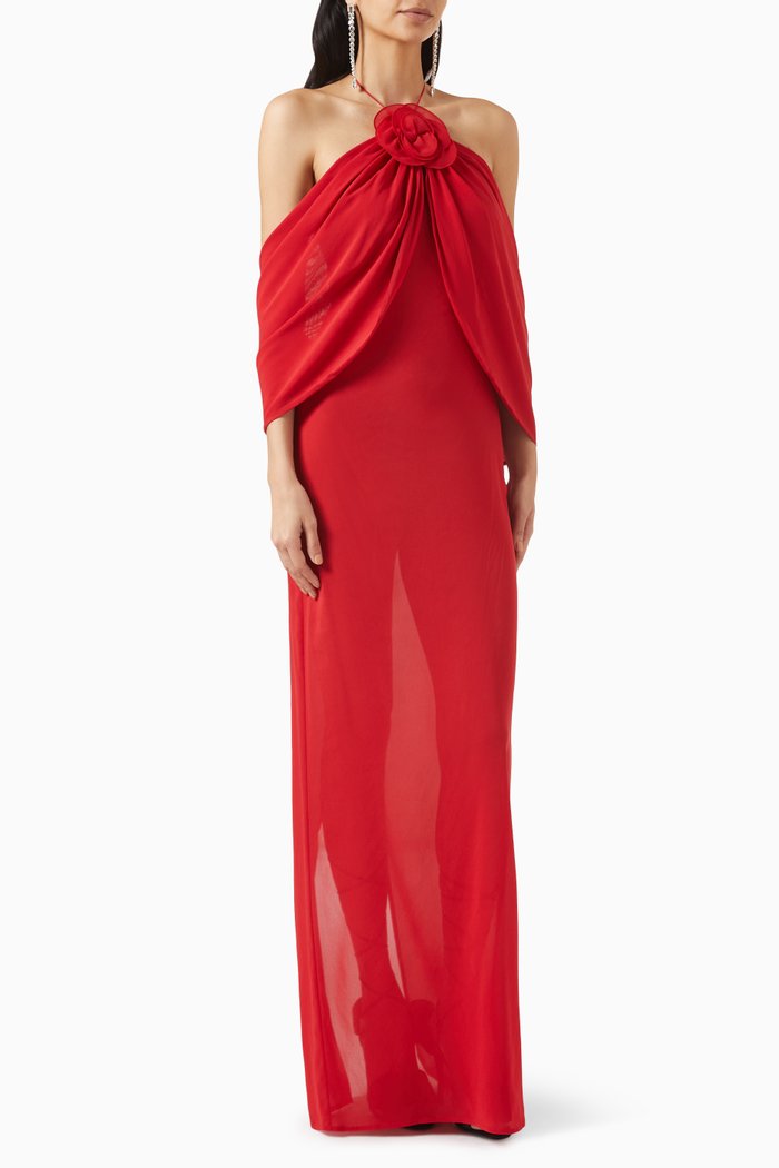 

Floral Appliqué Wrap Maxi Dress in Silk, Red