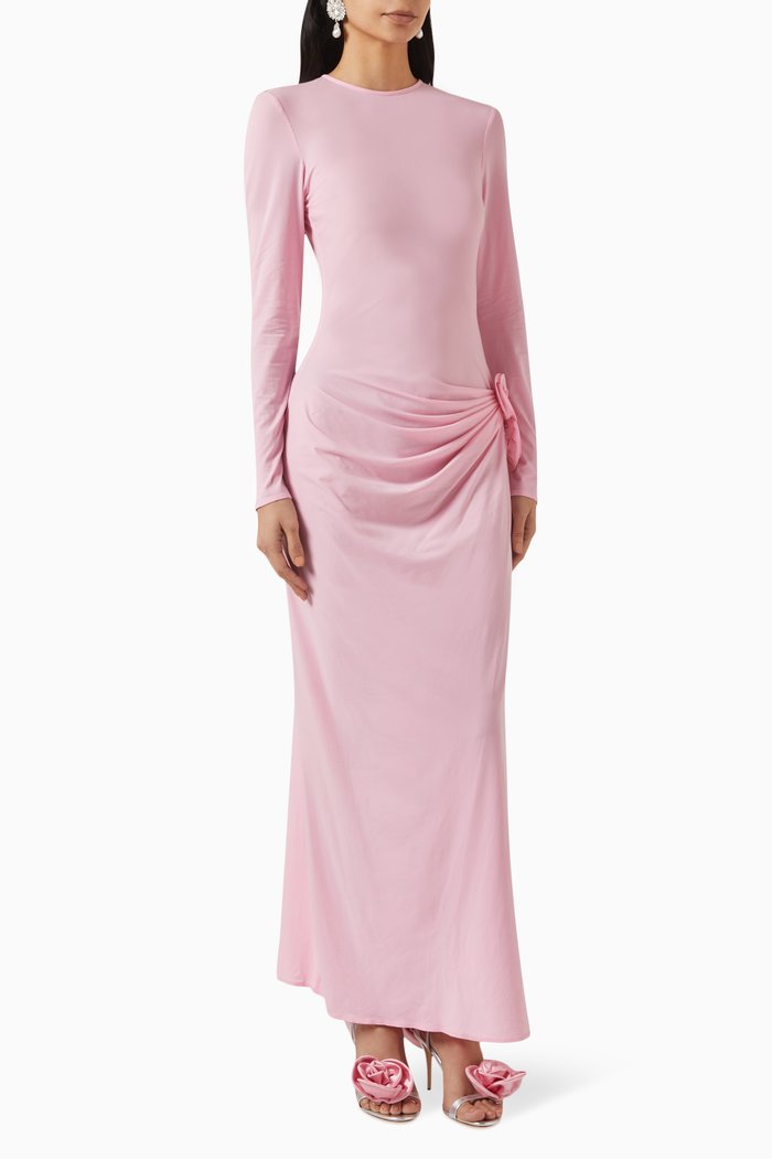

Gathered Floral Appliqué Maxi Dress in Stretch-nylon, Pink