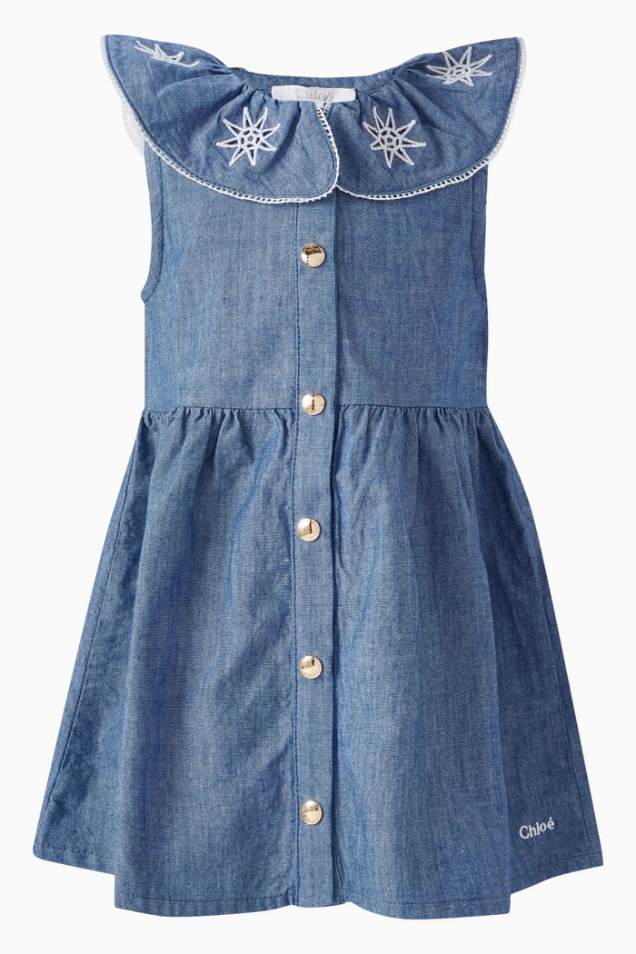 

Star Embroidered Dress in Cotton, Blue