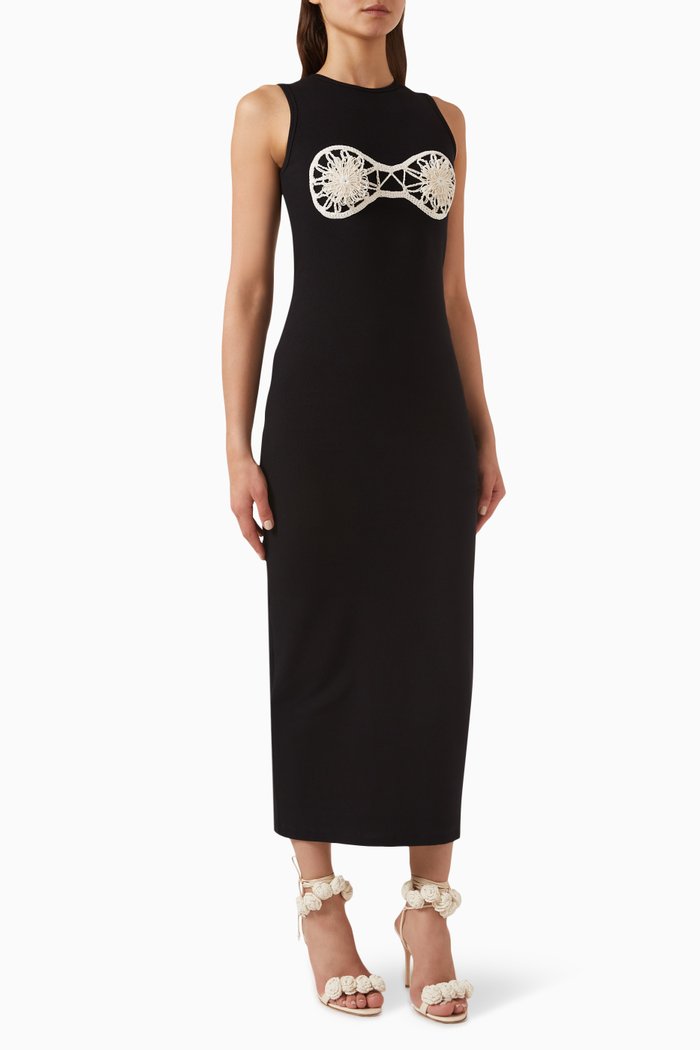 Crochet Bra Tank Midi Dress in Cotton, Black