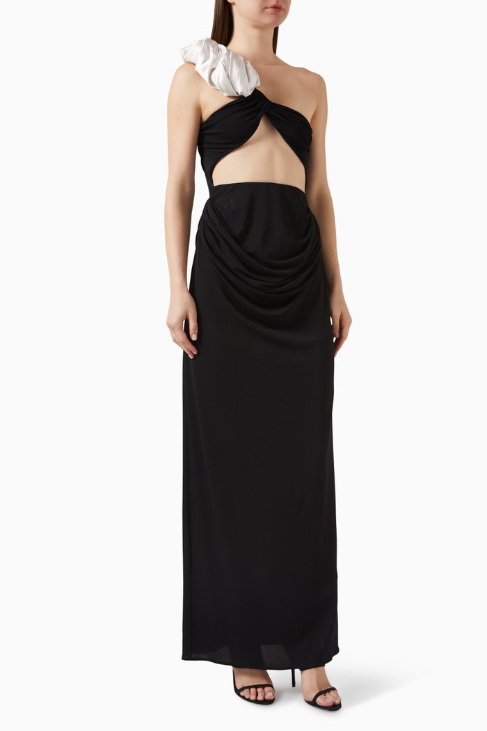 

Ruffled One-shoulder Midi Dress, Black