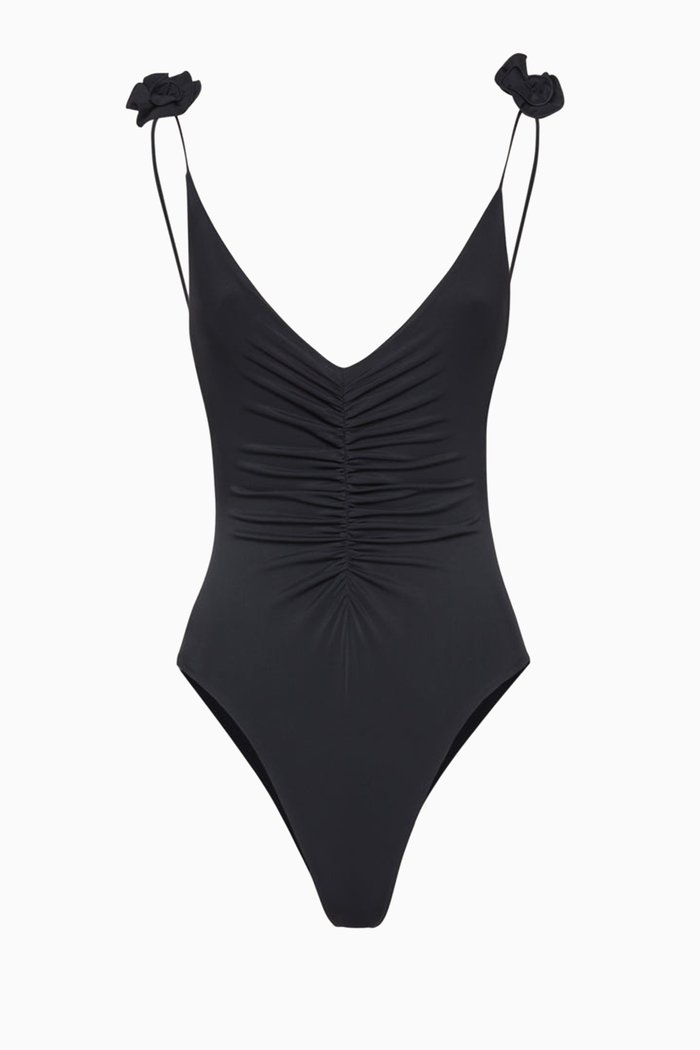

V-neck Rosette One-piece Swimsuit in Stretch Nylon, Black