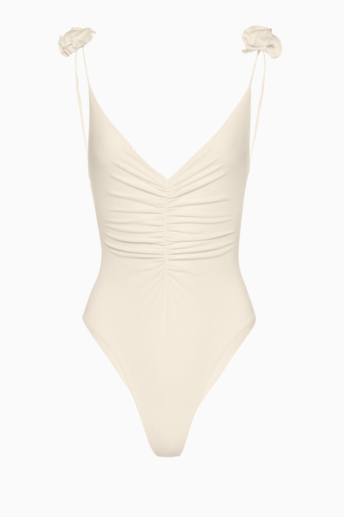 

V-neck Rosette Swimsuit in Stretch Nylon, Neutral