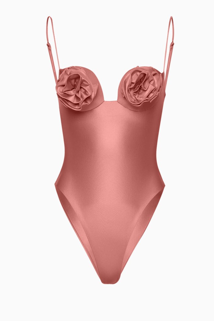 

Flower Bustier Swimsuit in Italian Fabric, Pink