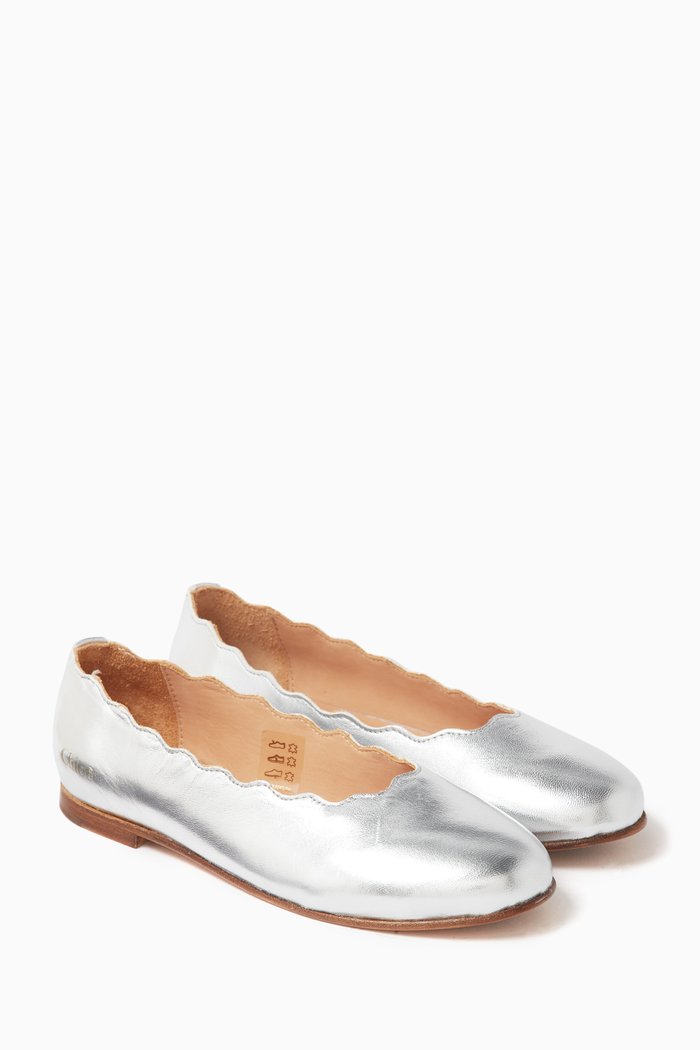 

Scalloped Ballerina Flats in Leather, Silver