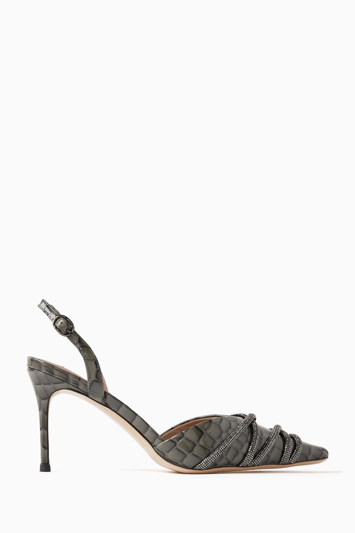 

Oraziol Crystal Slingback Heels in Leather, Grey