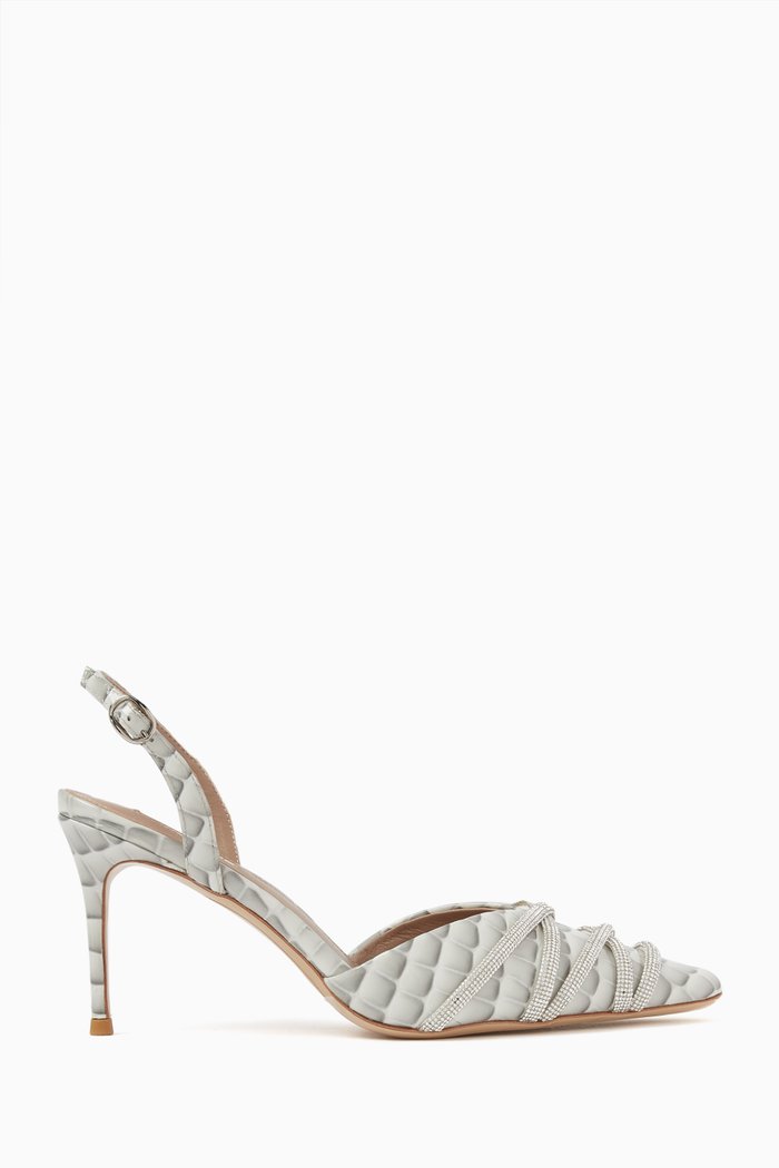 

Oraziol Crystal Slingback Heels in Leather, Silver