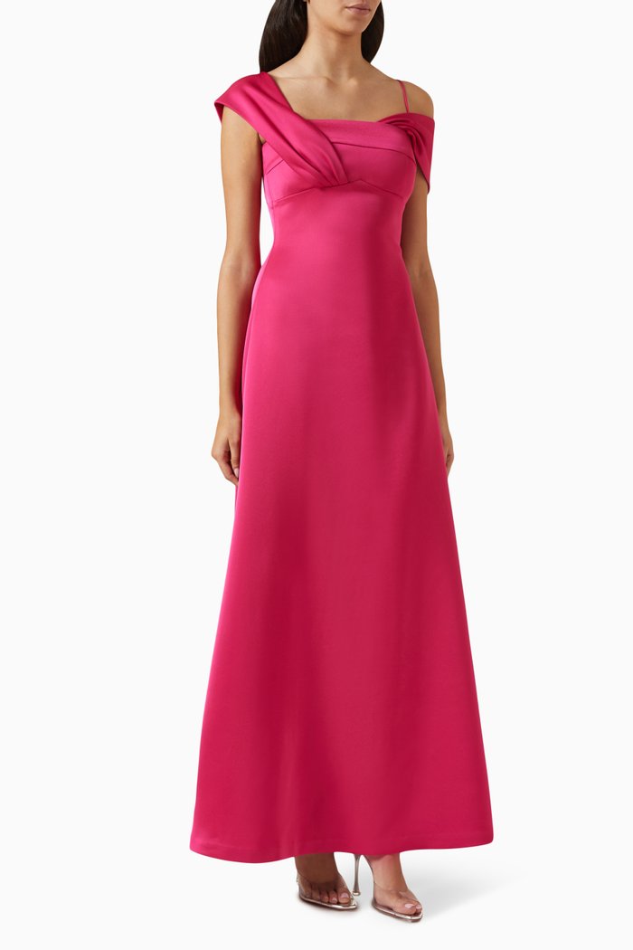 Asymmetrical A-line Maxi Dress in Satin, Pink