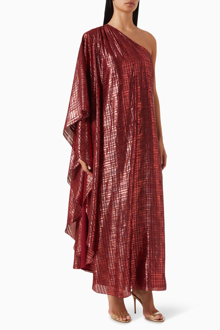 

One-shoulder Dress in Metallic Jacquard, Red