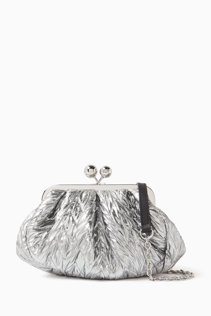 Danza Clutch Handbag in Laminated Jacquard, Silver