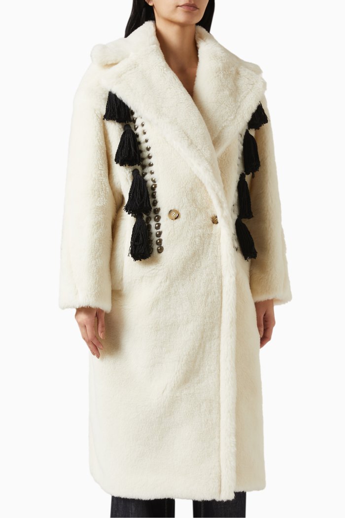 

Demetra Teddy Bear Icon Embroidered Coat in Wool Blend, White