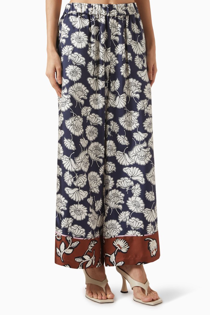 Divo Floral-print Pants in Silk, Blue