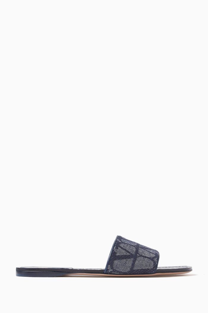 Valentino Garavani Toile Iconographe Slides in Denim & Leather, Blue