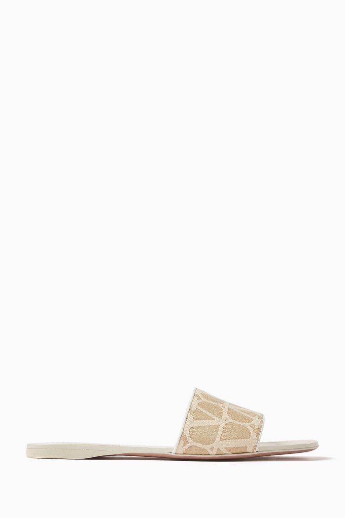 

Valentino Garavani Toile Iconographe Slides in Denim & Leather, Neutral