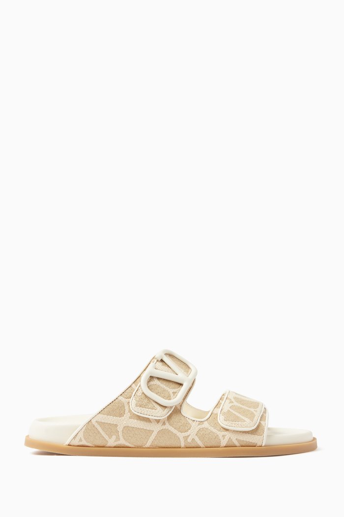 

Valentino Garavani Toile Iconographe Slides in Raffia, Neutral