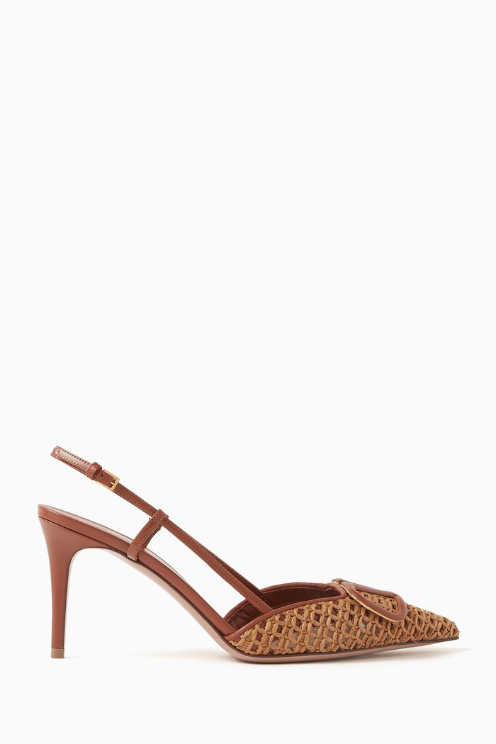 

Valentino Garavani VLOGO Slingback 80 Pumps in Raffia & Leather, Brown