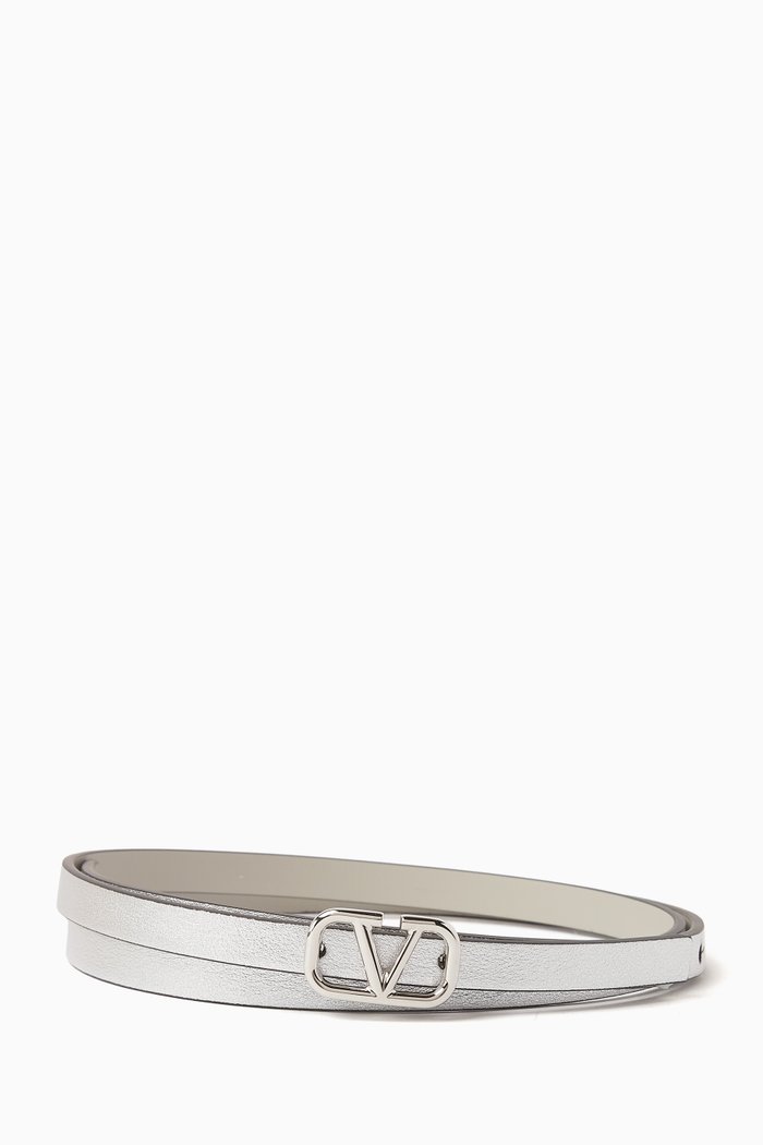 

Valentino Garavani VLOGO Signature Reversible Belt in Metallic Leather, Silver