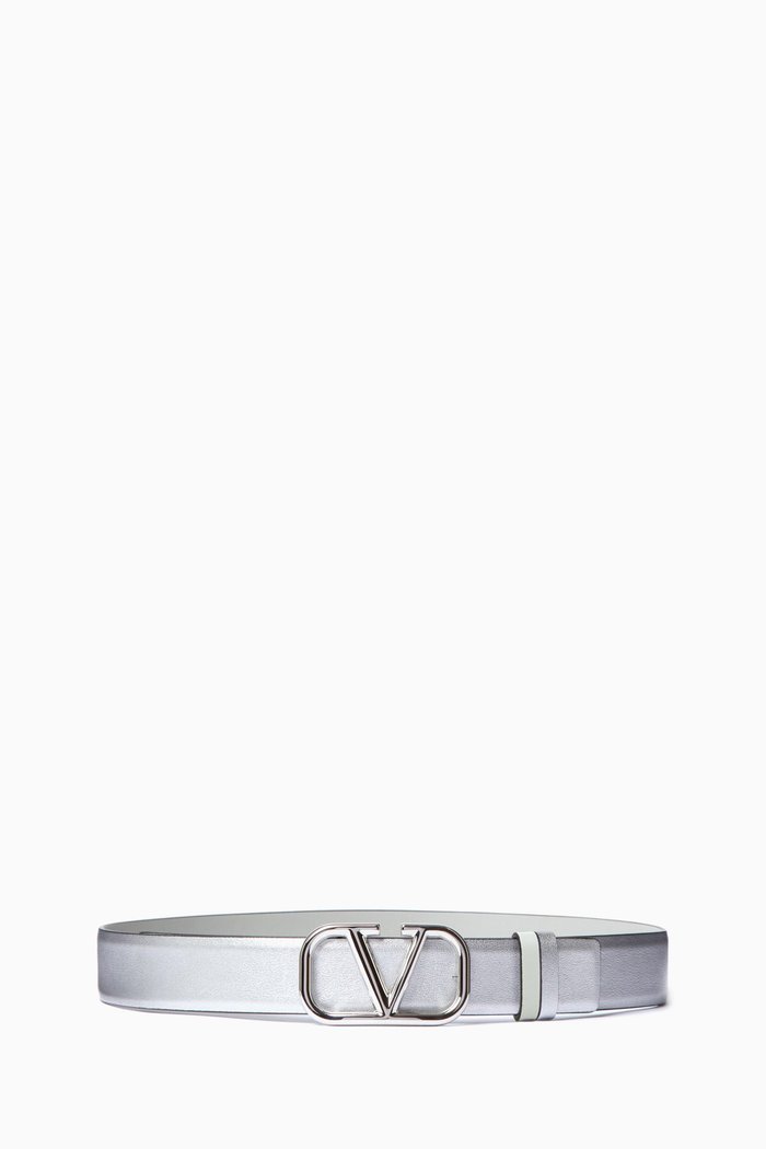 

Valentino Garavani VLOGO Reversible Belt in Calfskin Leather, 30mm, Silver