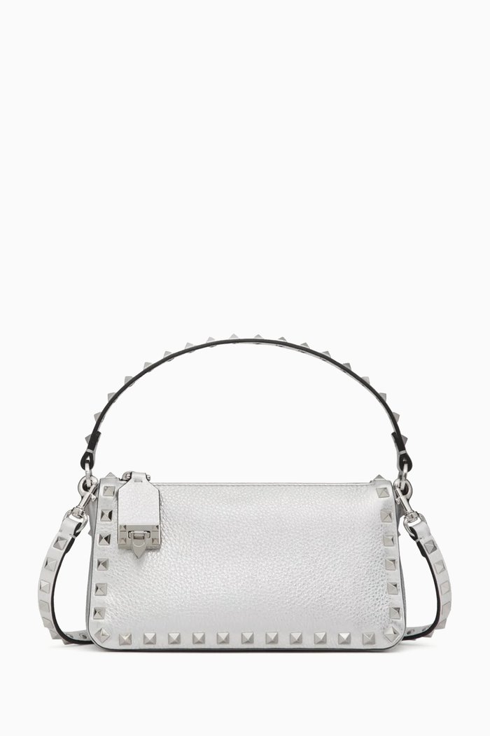 

Valentino Garavani Rockstud Small Shoulder Bag in Calfskin Leather, Silver