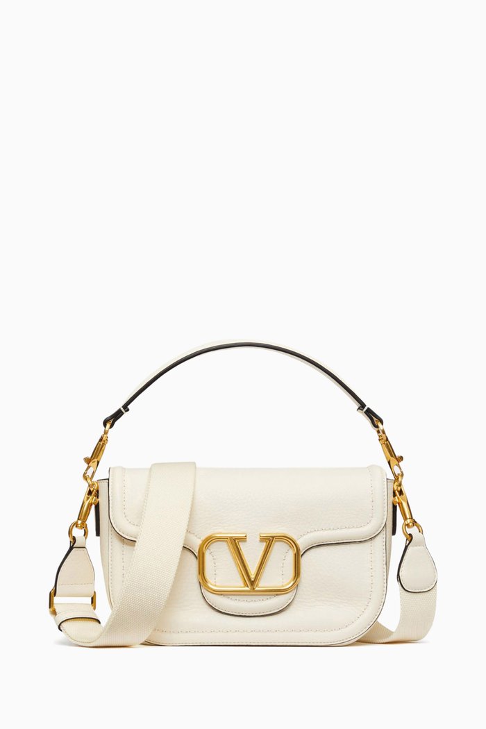 Valentino Garavani Loco VLogo Shoulder Bag in Grained Leather, Neutral