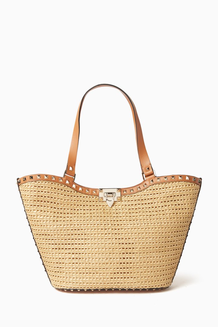 

Valentino Garavani Rockstud Shopping Tote Bag in Raffia, Neutral