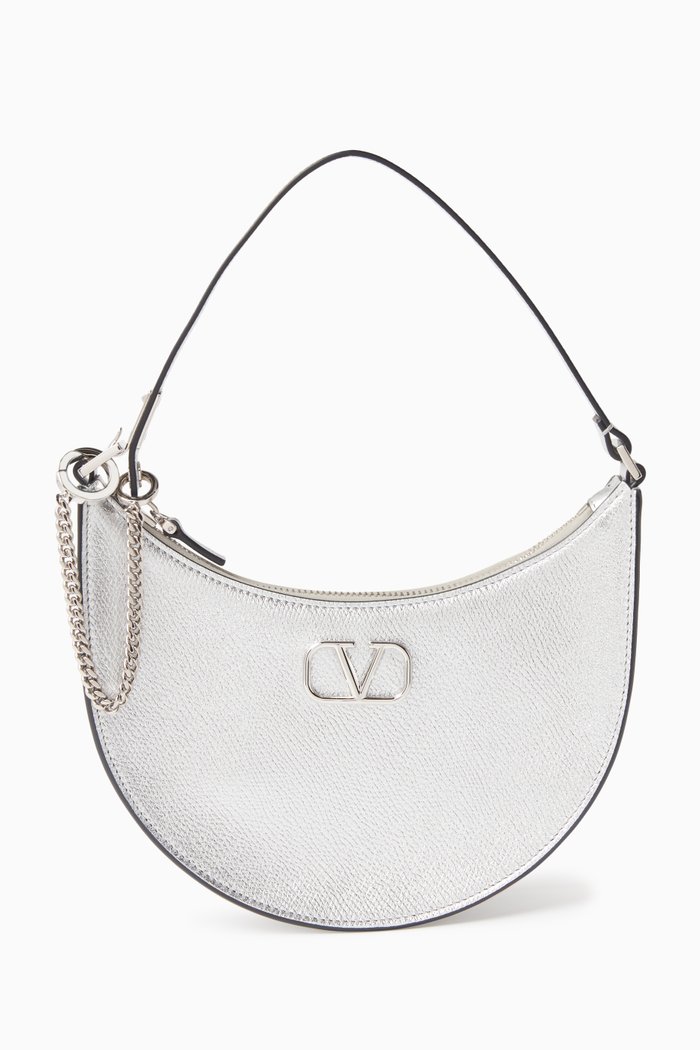 

Valentino Garavani VLOGO Mini Hobo Bag in Grained Leather, Silver