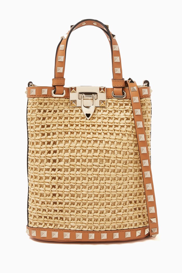 

Valentino Garavani Mini Rockstud Shoulder Bag in Raffia, Brown