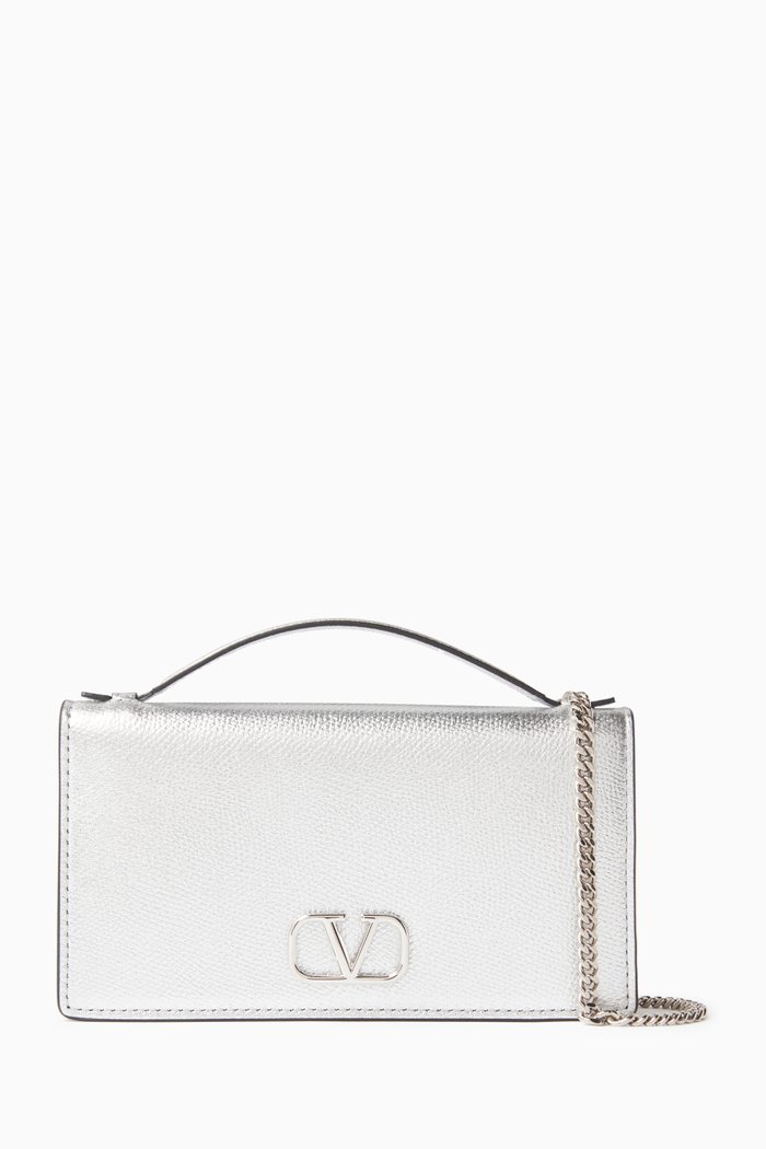 

Valentino Garavani VLOGO Signature Flap-over Wallet in Grained Leather, Silver