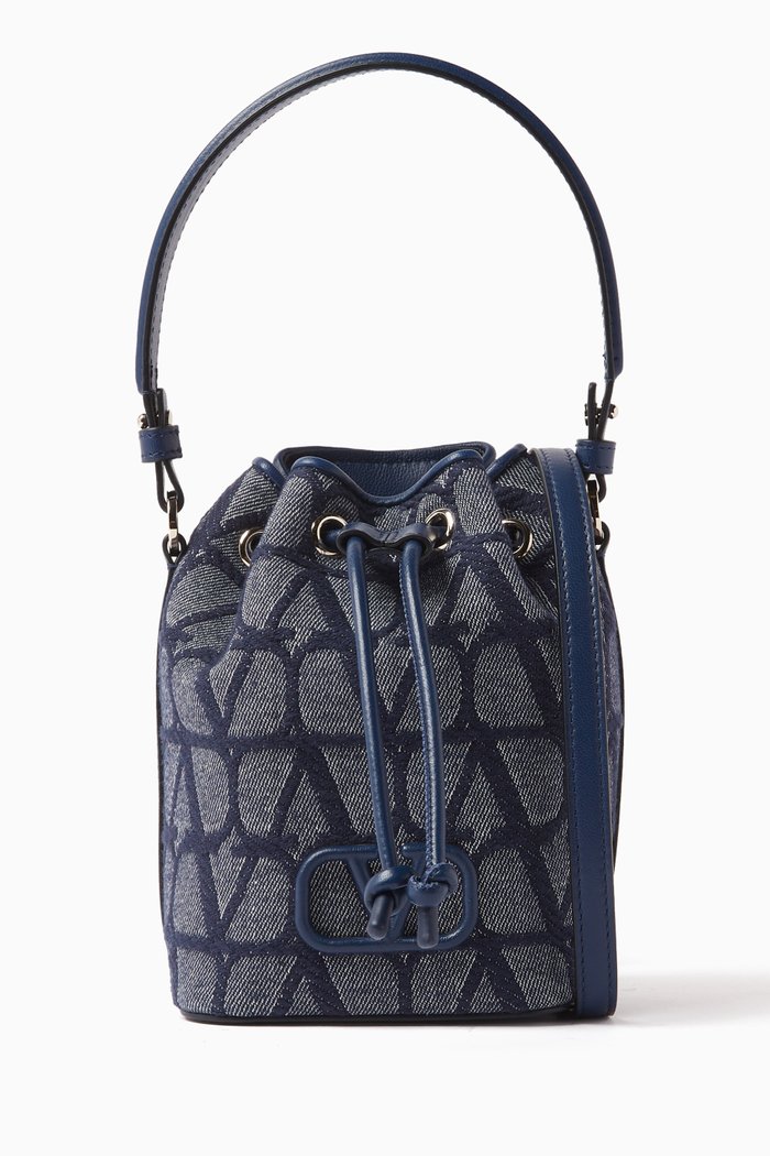 Valentino Garavani Mini VLOGO Signature Bucket Bag in Toile Iconographe Denim, Blue